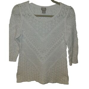 CHICOS Open Weave Sweater Size 0 Crochet Pullover Tunic 3/4 Sleeve White Chic